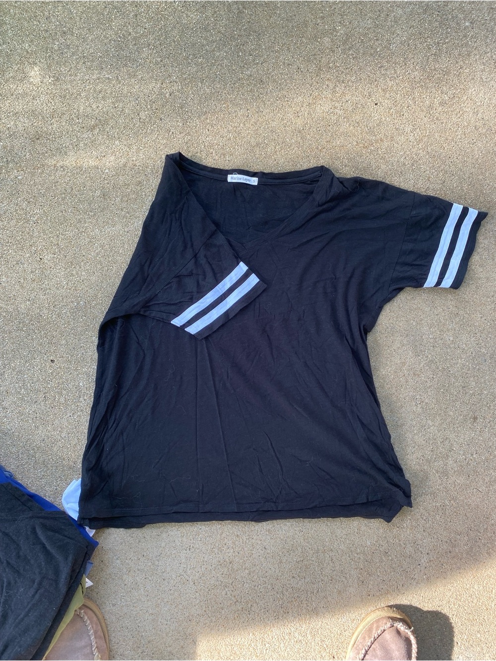 Marine Layer Women's Black Short Sleeve V-Neck Tee with White Sleeve Stripes Co